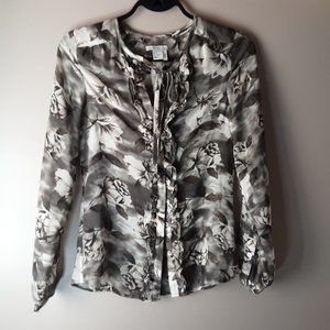 🌞 H&M Grey Black Floral Sheer Tie Collar Ruffle Blouse | 2